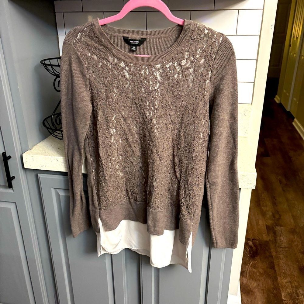 Brown Lace Knit Sweater with White Layered Look by simply Vera